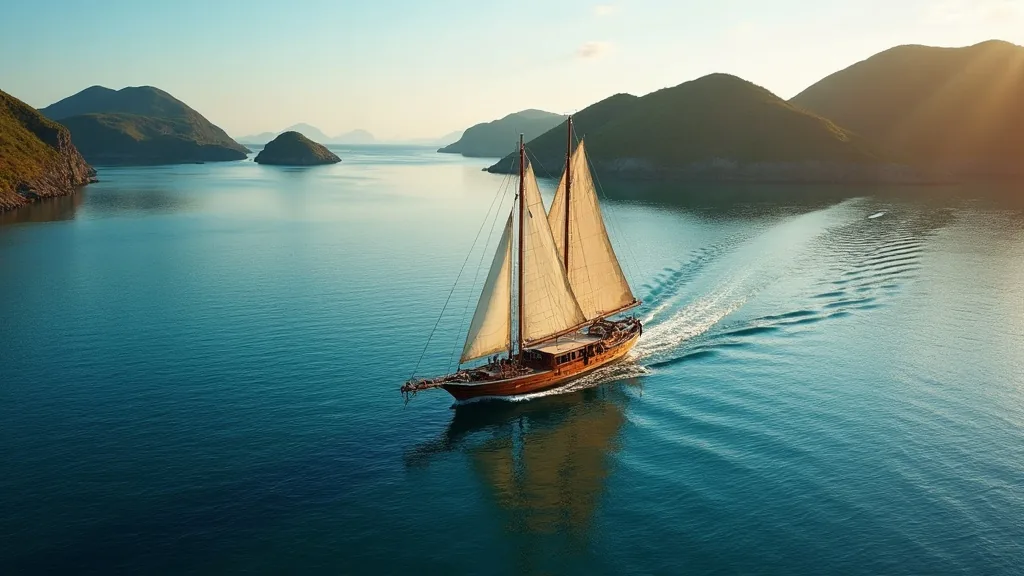 Wooden phinisi liveaboard sailing calm water between Komodo's savanna hills at golden hour